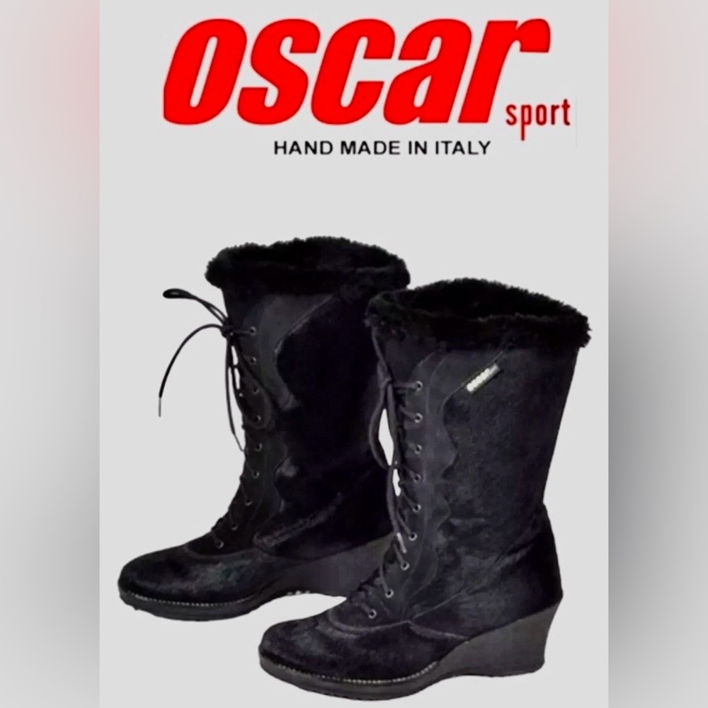 OSCAR SPORT Fur Boots WEDGE Shearling BLACK Size 38/7.5 Made in Italy
